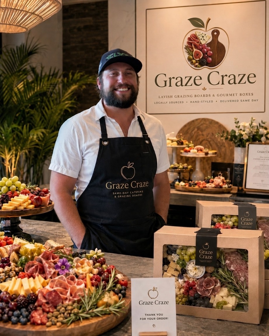 Adam, founder of Graze Craze, behind a hand-styled grazing spread